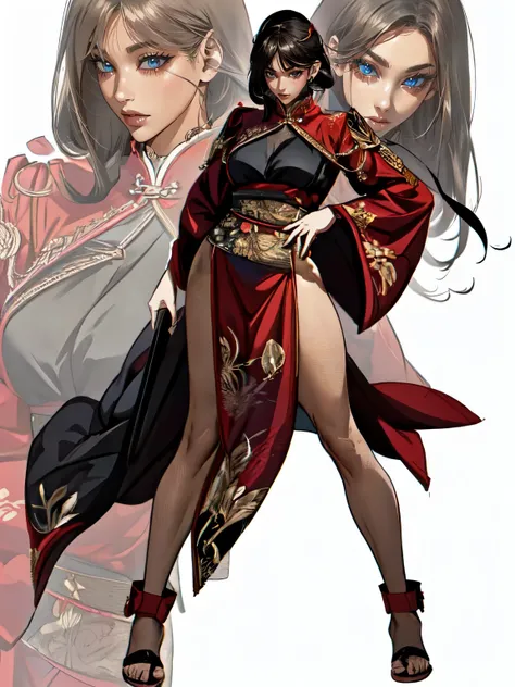 attractive woman, a woman from the Three Kingdoms period, dark hair, Big breasts, An exposed woman, Solo, creates an image from the top of her head to her thighs, (woman holding a weapon), Three Kingdoms costume , ((no background)), ((black eyes)), (((Harm...
