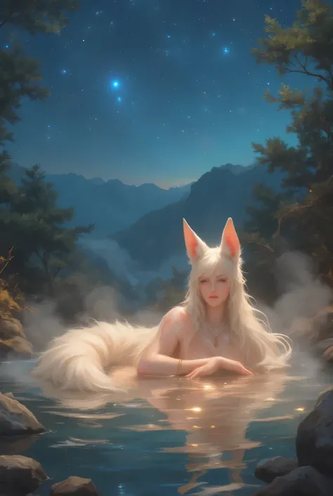 Yoro in an open-air hot spring at night、I can see my tail 、With fox ears