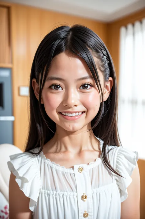 10 year old girl, young cute girl, Smile Yan:0.2, Look at the audience,(white skin:1.2),(skinny:1.5), open chest dress ,Idol photo session in studio,professional photography,(cute face:1.2)