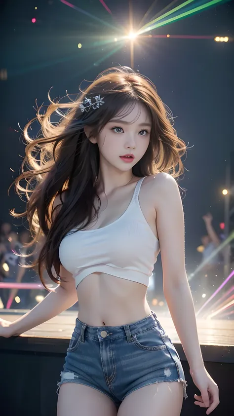 1 girl, 19 years old, ((city in Vietnam)), dark brown hair, purple eyes, hair ornament, ((cowboy photo)), ((Beautiful girl in explosive EDM dance, expressive eyes, jumping and spinning, stage full of lasers and lights, powerful energy filling the scene)), ...