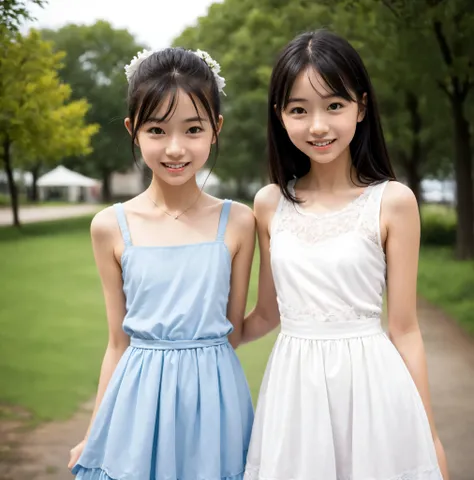 2 cute girls,((Highest Quality)),park where the nipples are almost visible,((Photo Quality)),(Slim:1.5),(detail),Tiny Chest,narrow shoulder width,perfect face,Tank Dress ,ruffle dress,(skinny:1.3),(smile:0.5)