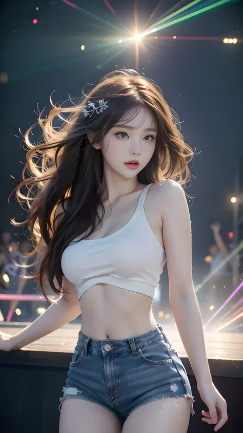1 girl, 19 years old, ((city in Vietnam)), dark brown hair, purple eyes, hair ornament, ((cowboy photo)), ((Beautiful girl in explosive EDM dance, expressive eyes, jumping and spinning, stage full of lasers and lights, powerful energy filling the scene)), ...