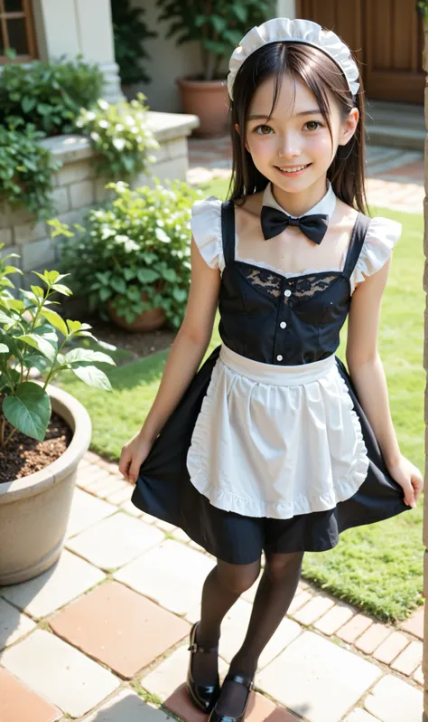 (Biological Corpse Factory)、maids,Look at the audience,(skinny:1.04),(younger:0.97),from above,(medium chest:0.62),slouching forward,slouches forward,Japanese,(Smile Yang:0.84),Black Lace Stockings