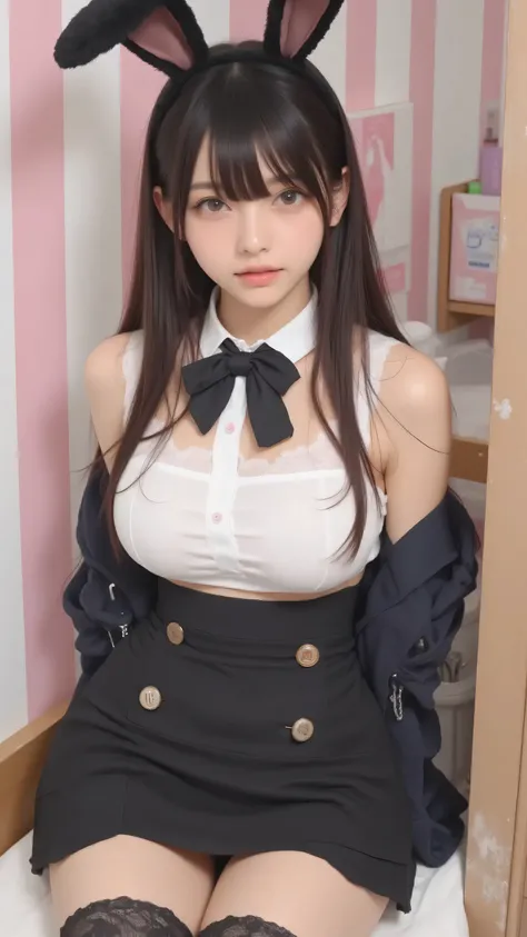 ,jpp,,Slip areola,jp,jp,(傑作, 最高品質:1.2), 1girl, ソロ,A young woman with long dark hair and bangs, wearing a black and white bunny costume with a bow tie and buttons, paired with lace stockings. She has black bunny ears on her head. The setting is a room with ...