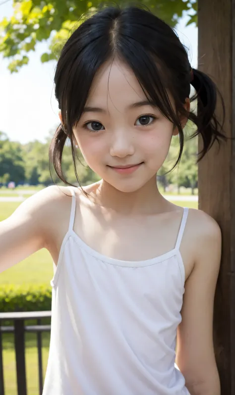 公園で笑っているyoungerかわいい女の子, Narrow Shoulder, cute face, white skin, younger, flat chest,(braids:0.5),(Twin Tails:0.5),(ponytail:0.5)