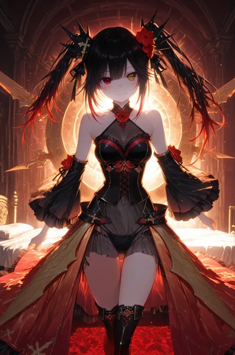 kurumi-to, cri-ni, 1girl, left gold eye, right red eye, heterochromia, black hair, gradient hair, twintails, hair crowns, hair flower, cri_bikini armor, black bikini, cri_corset, cri_halterneck, cri_flower, cri_waist cape, cri_detached sleeves, cri_bare sh...