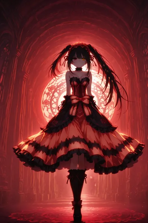 kurumi-to, kurumi-astral, 1girl, black hair, twintails, hair ribbons, heterochromia, left gold eye, right red eye, long hair, as_red_and_black_dress, as_corset_top, as_strapless, as_big_bow, as_frills, as_long_skirt, as_arm_warmers, as_ruffles,HDR,Dynamic ...