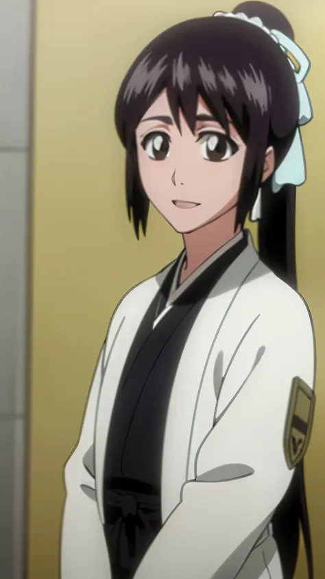 masterpiece, Highest quality , one girl from the side , romantic love , black hair, single ,ponytail, Straight long hair, Vancouver, brown eyes, kimono, white sleeveless coat ,Captain's coat without white sleeves, black kimono , smile, alone, I'm looking f...