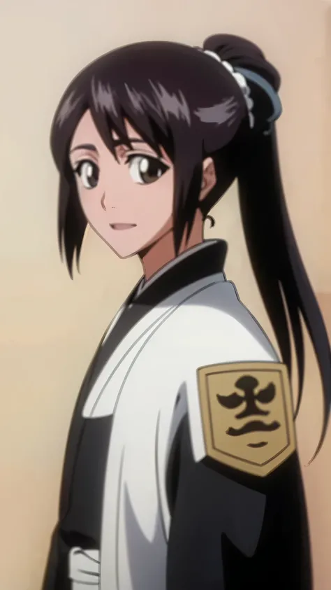 masterpiece, Highest quality , one girl from the side , romantic love , black hair, single ,ponytail, Straight long hair, Vancouver, brown eyes, kimono, white sleeveless coat ,Captain's coat without white sleeves, black kimono , smile, alone, I'm looking f...