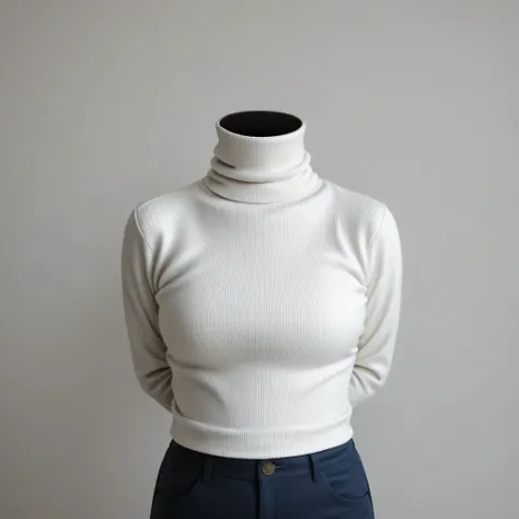 8K, ultra-realistic, highly detailed, photo-like, studio photography portrait. Perfect lighting, soft shadows, lifelike skin texture, shallow depth of field.
 wearing a navy turtleneck sweater. leggings, A chest-up portrait viewed from the front. The backg...