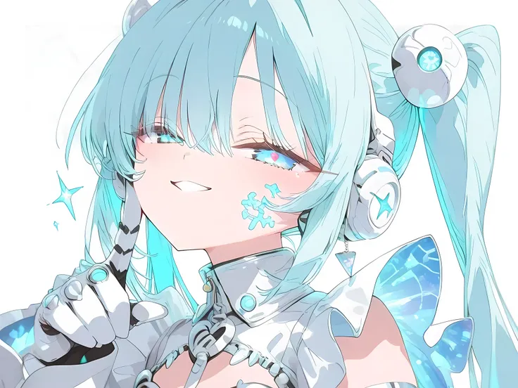 Cute young Anime girl with long straight, Soft grow light-blue hair color, grow blue eyes color with white sparking, Wearing long oversized white cyber fantacy clothes with neon mark, cyber accessories, calm and playful face, a bit smile face, half-body sc...