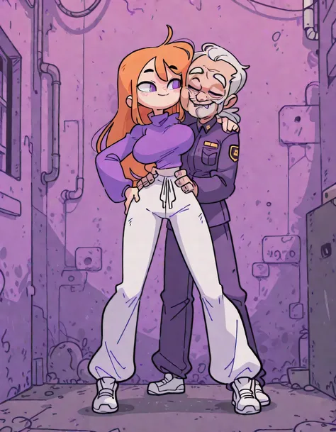 high quality, best quality, score_9, ishikawa_hideki, bacun , 1girl , solo , long hair , side apart (left) , orange hair , smile , purple eyes, purple turtleneck long-sleeve shirt , white long pants (loosely pants) , huge breast , hand on hip , thighs , sh...