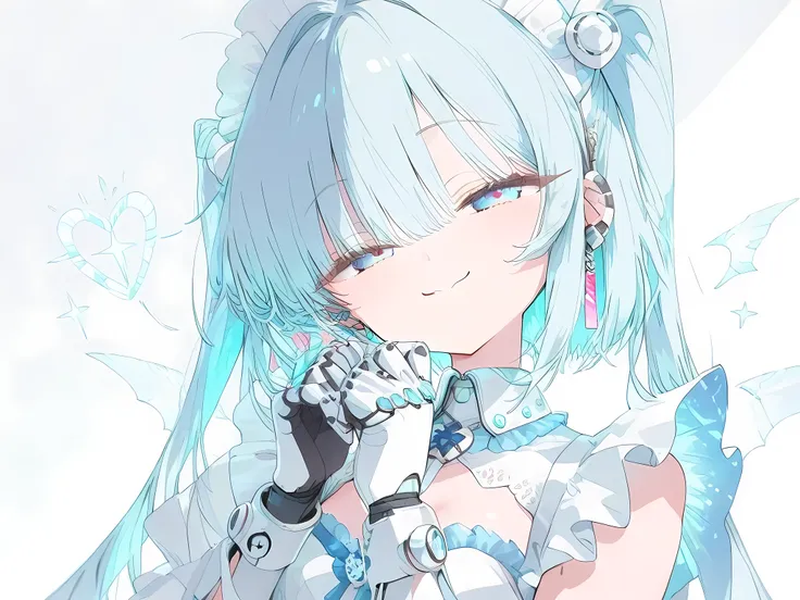 Cute young Anime girl with long straight, Soft grow light-blue hair color, grow blue eyes color with white sparking, Wearing long oversized white cyber fantacy clothes with neon mark, cyber accessories, calm and playful face, a bit smile face, half-body sc...