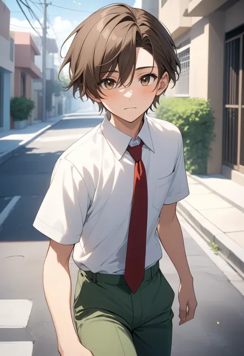 masterpiece, best quality, high resolution, UHD, perfect pixels, depth of field, 4k, RTX, hdr))), A 17-year-old boy , alone, male appearance, Art Style, Half body, anime character, ((Mirada Serena, short hair on the sides, dark brown, separated from hair t...