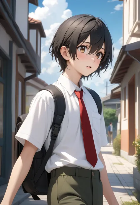 masterpiece, best quality, high resolution, UHD, perfect pixels, depth of field, 4k, RTX, hdr)), boy only sixteen years old, slim body, short height, short but bulging and straight hair that covers his ears ,black hair, (thoughtful and surprised expression...