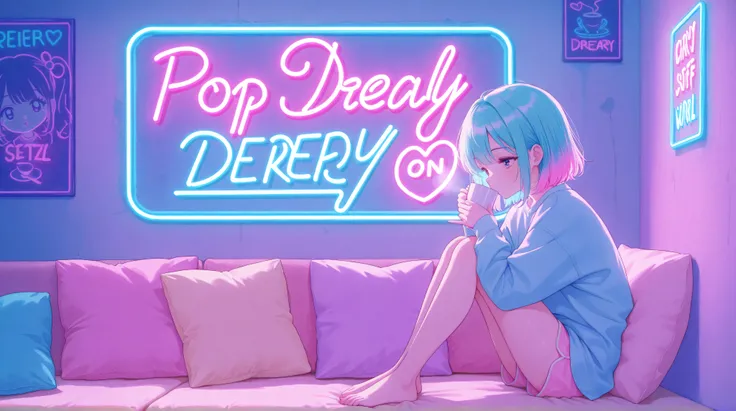 A pastel toned, pop and retro style illustration of a cozy girl’s bedroom, featuring minimal and simple wall decor, soft gentle colors, (a bright neon sign on the wall displaying the word “Dreamy”:1.2), A charming girl with colorful hair and relaxed pose i...
