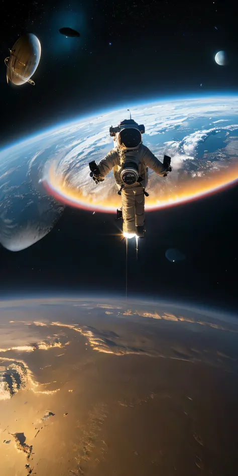 A solitary astronaut drifts through vast space, tethered to a slowly rotating station. Distant stars and planets looming in the background, reflecting off his helmet glass. This scene evokes isolation and tranquility, Illustrated in the style of cinematic ...