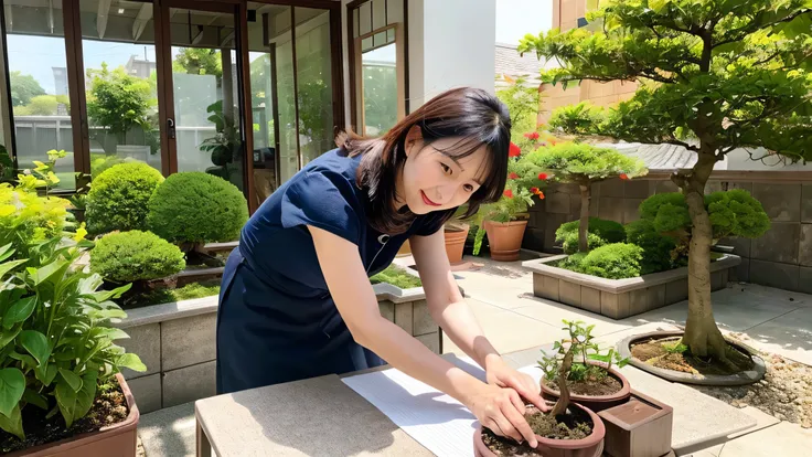 An elderly woman tends to plant a bonsai tree in her garden, sunlight filters through paper windows. Her hands are soft , Experienced. slice-of-life realism, high detail textures on plants and bark, 4k peaceful storytelling.