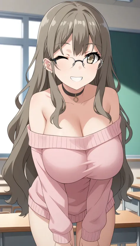 score_9, score_8_up, score_7_up, intricate details, 1girl, rio futaba, (Aobuta: Rascal Does Not Dream of Bunny Girl Senpai), long hair, brown hair, brown eyes, glasses, large breast, ear piercing, barbell piercing, black choker, oversized knit sweater, off...