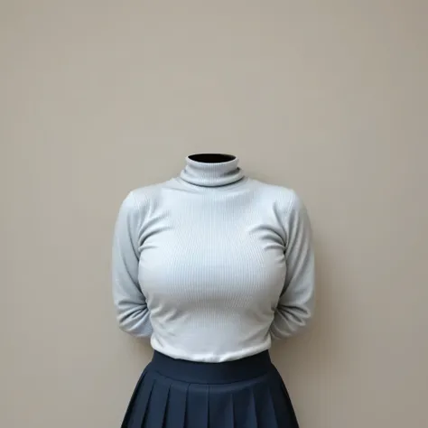 8K, ultra-realistic, highly detailed, photo-like, studio photography portrait. Perfect lighting, soft shadows, lifelike skin texture, shallow depth of field.
 wearing a navy turtleneck sweater. skirt, A chest-up portrait viewed from the front. The backgrou...