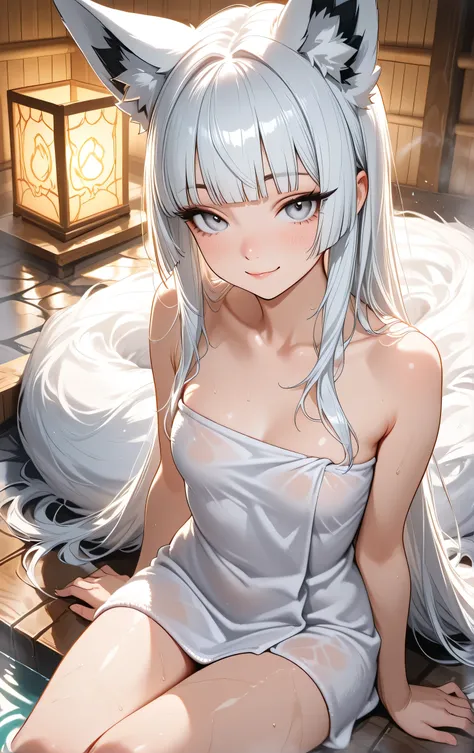SFW, score_9, score_8_up, score_7_up, score_6_up, 
1girl,  solo, fox girl, fox ears, fox tail, covered in towel, submerged in water, white hair, hime-cut hair, straight hair, long hair, grey eyes, small, long eyelashes, blunt bangs, young adult, sitting in...