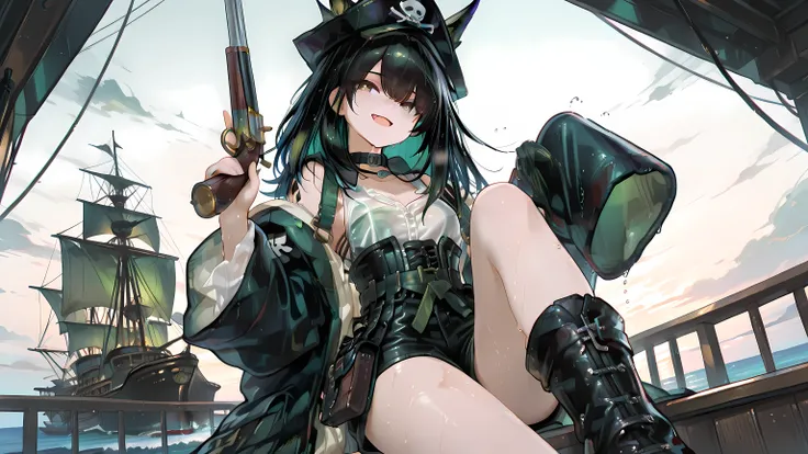 (masterpiece, detailed:1.2),748cmstyle,mon3tr \(personification\) \(arknights\), wide smile, open mouth, fang, looking at viewer. Wears a weathered linen blouse, fitted corset vest, long distressed pirate coat, layered leather belts, green sash around the ...