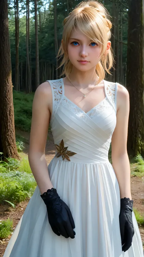 1girl, solo,lunafreya,blue eyes,golden hair,long hair,outdoors,forest,medium breast,(forest background:1.4),front view,final fantasy outfit, black glove,(wear dress:1.5),potrait,(standing still:1.4),ponytail,close up