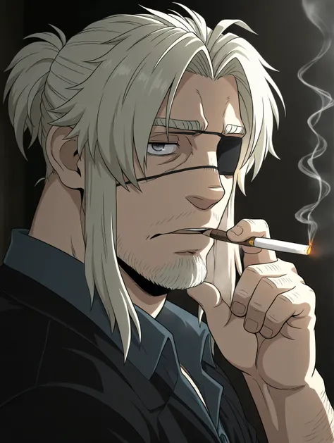 masterpiece, best quality, amazing quality, Worick Arcangelo, grey eyes, eyepatch, beard, acial hair, Blonde hair, 1 boy, male focus, bara, solo, smoking, Gray-blue eyes