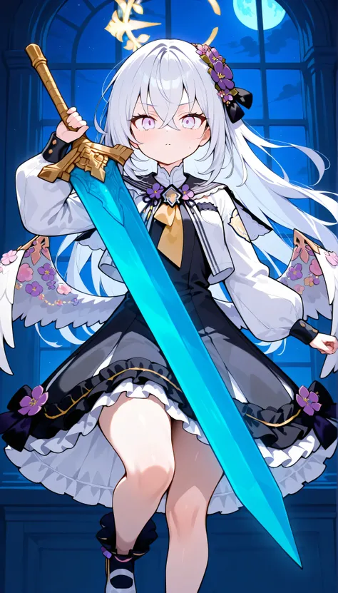 azusa (blue archive),purple eyes,white hair,long hair,wings,hair flower,halo, solo, I can see my eyebrows from the inside of my hair, hair between eyes, masterpiece, Best Quality, very aesthetic, thick thighs, white capelet,black sailor collar,black frill...