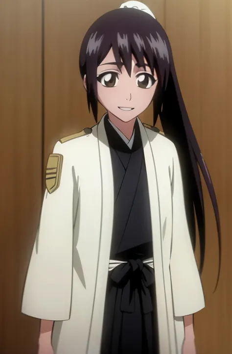 masterpiece, Highest quality , one girl from the side , ponytail , black hair, single ,straight long hair, Vancouver, brown eyes, kimono, white sleeveless coat ,Captain's coat without white sleeves, black kimono , smile, alone, I'm looking for , simple bac...