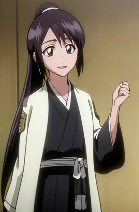 masterpiece, Highest quality , one girl from the side , ponytail , black hair, single ,straight long hair, Vancouver, brown eyes, kimono, white sleeveless coat ,Captain's coat without white sleeves, black kimono , smile, alone, I'm looking for , simple bac...