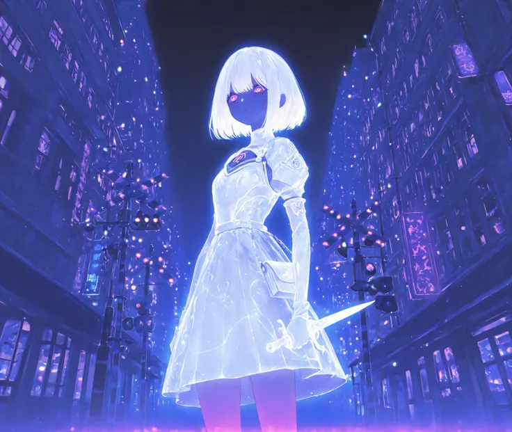 Alone,1 woman 1 mole undereye, white armor, short hair,white dagger , chalk pattern skirt\) 1 bag \,(multicolor error,error,neon:0.5), overly detailed eyes, Luminous, Color Difference, Railroad crossing , Street lamp, ( Alice in Wonderland :0.5), . ...