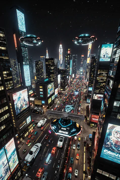 A very complex and crowded futuristic Cyberpunk cybercity at night, clear skies, towering skyscrapers, bright multicolored neon lights brightly lit video advertisements, hovercrafts, and hoverbikes, hover vehicles are everywhere, futuristic advanced techno...