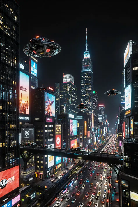 A very complex and crowded futuristic Cyberpunk cybercity at night, clear skies, towering skyscrapers, bright multicolored neon lights brightly lit video advertisements, hovercrafts, and hoverbikes, hover vehicles are everywhere, futuristic advanced techno...