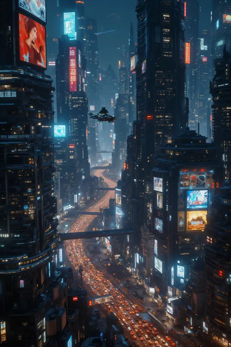 A very complex and crowded futuristic Cyberpunk cybercity at night, clear skies, towering skyscrapers, bright multicolored neon lights brightly lit video advertisements, hovercrafts, and hoverbikes, hover vehicles are everywhere, futuristic advanced techno...