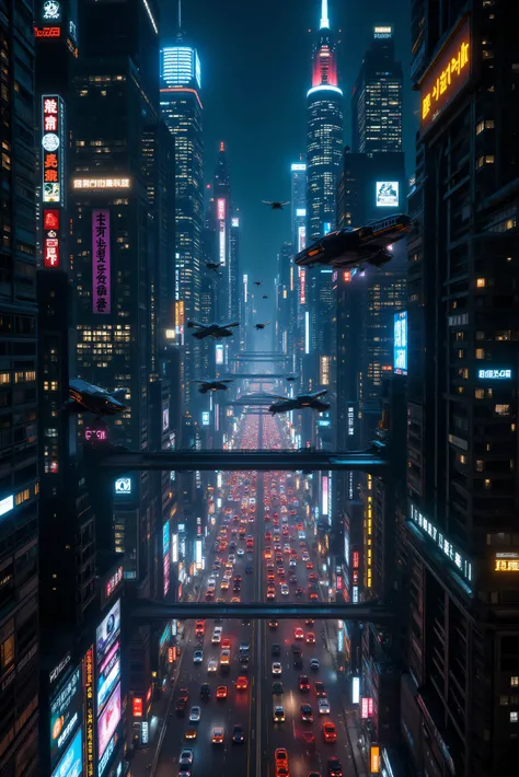 A very complex and crowded futuristic Cyberpunk cybercity at night, clear skies, towering skyscrapers, bright multicolored neon lights brightly lit video advertisements, hovercrafts, and hoverbikes, hover vehicles are everywhere, futuristic advanced techno...