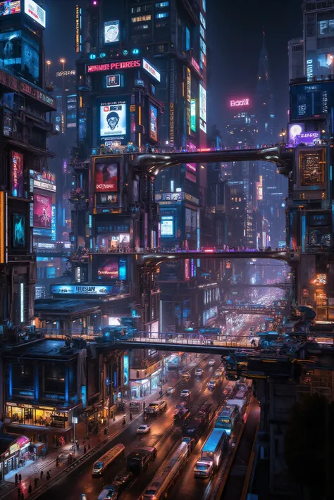 A very complex and crowded futuristic Cyberpunk cybercity at night, clear skies, towering skyscrapers, bright multicolored neon lights brightly lit video advertisements, hovercrafts, and hoverbikes, hover vehicles are everywhere, futuristic advanced techno...