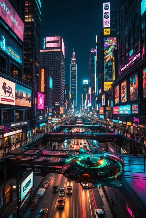 A very complex and crowded futuristic Cyberpunk cybercity at night, clear skies, towering skyscrapers, bright multicolored neon lights brightly lit video advertisements, hovercrafts, and hoverbikes, hover vehicles are everywhere, futuristic advanced techno...