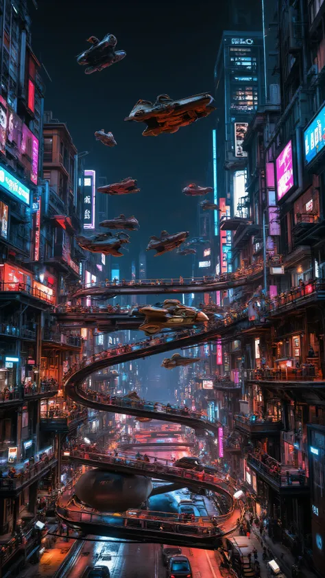 A very complicated and crowded futuristic Cyberpunk cybercity at night, flying cars fly on several levels,  clear skies, towering skyscrapers, bright multicolored neon lights brightly lit video advertisements, hovercrafts, and hoverbikes, hover vehicles ar...