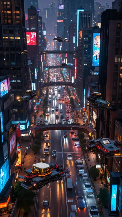 A complicated and crowded futuristic Cyberpunk cybercity at night, flying cars fly on several levels, very crisp clear skies, towering skyscrapers, bright multicolored neon lights brightly lit video advertisements, hovercrafts, and hoverbikes, hover vehicl...