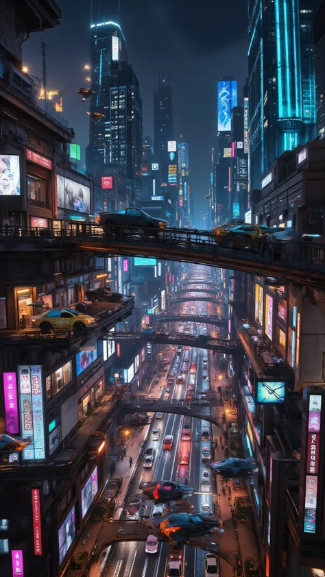 A complicated and crowded futuristic Cyberpunk cybercity at night, flying cars fly on several levels, very crisp clear skies, towering skyscrapers, bright multicolored neon lights brightly lit video advertisements, hovercrafts, and hoverbikes, hover vehicl...