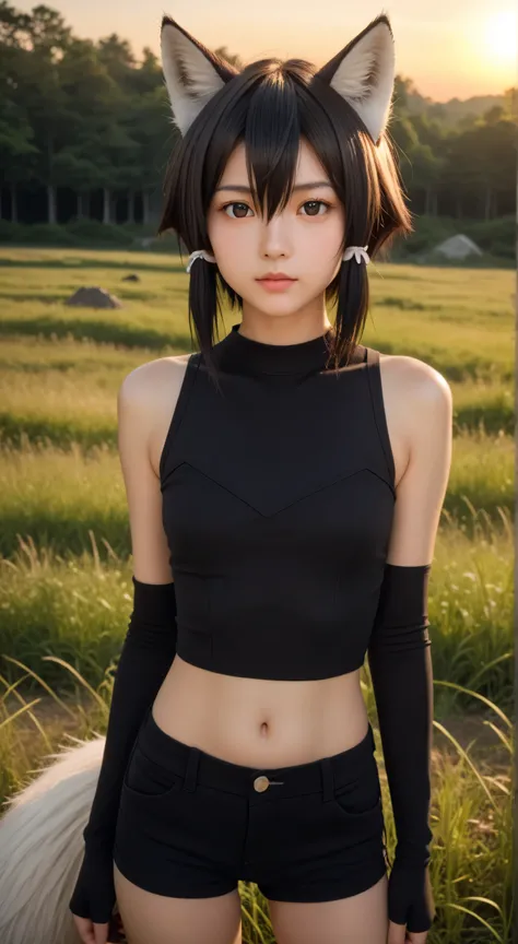 Masterpiece, best quality, 8k, ultra high resolution, photorealistic, cinematic composition.1girl, solo,asada shino,black eyes,black hair,hair between eyes, short hair,outdoors,potrait,small breast,nature,standing under ruins,sidelocks,(sunset lighting:1.5...