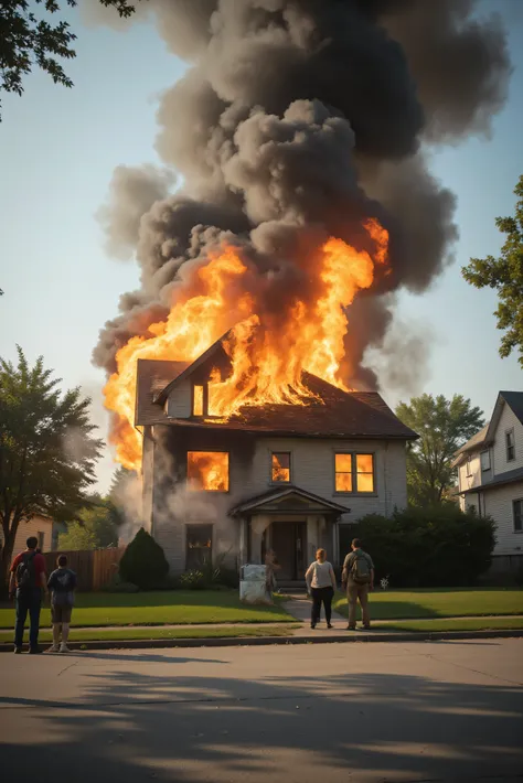 Saturday morning. A house on fire in a residential neighborhood. The house is completely engulfed in flames, the family waits outside watching it burn down, neighbors stand outside watching ot burn too. Clear sunny day, sky full of smoke. Ultra-realistic, ...