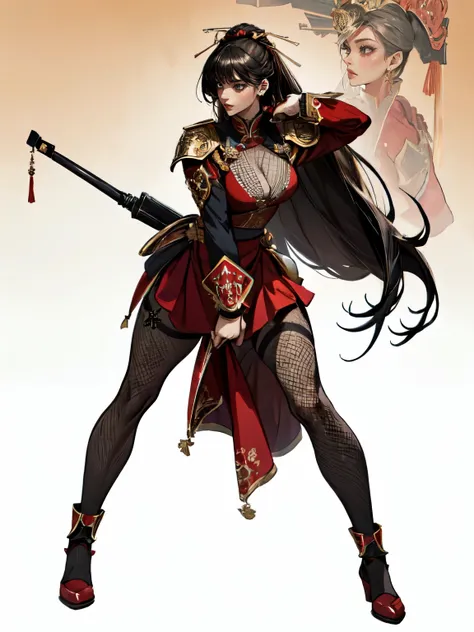 attractive woman, a woman from the Three Kingdoms period, dark hair, Big breasts, An exposed woman, Solo, creates an image from the top of her head to her thighs, (woman holding a weapon), Three Kingdoms costume , ((no background)), ((black eyes)), (((Harm...