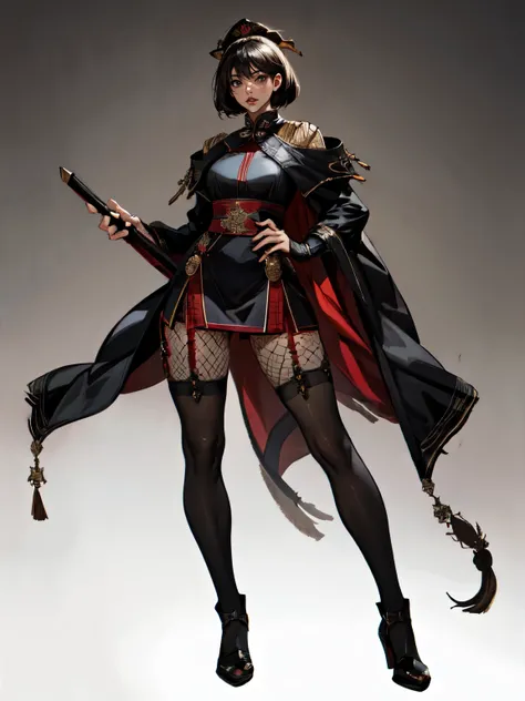 attractive woman, a woman from the Three Kingdoms period, dark hair, Big breasts, An exposed woman, Solo, creates an image from the top of her head to her thighs, (woman holding a weapon), Three Kingdoms costume , ((no background)), ((black eyes)), (((Harm...