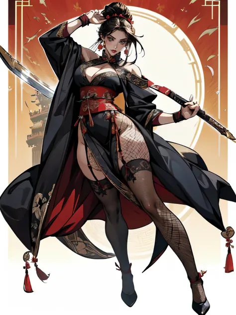attractive woman, a woman from the Three Kingdoms period, dark hair, Big breasts, An exposed woman, Solo, creates an image from the top of her head to her thighs, (woman holding a weapon), Three Kingdoms costume , ((no background)), ((black eyes)), (((Harm...