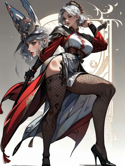 attractive woman, a woman from the Three Kingdoms period, dark hair, Big breasts, An exposed woman, Solo, creates an image from the top of her head to her thighs, (woman holding a weapon), Three Kingdoms costume , ((no background)), ((black eyes)), (((Harm...