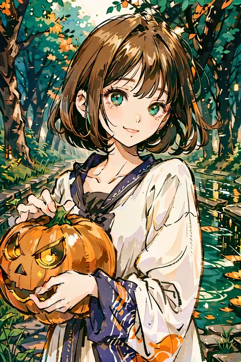 Morning Forest,upper body, Preparing for Halloween,Gentle smile, beautiful woman's cool eyes, laughing at finding a jack-o-lantern, brown hair, Emerald green gentle breeze, The warm light of the sun rising on the paved riverbank , bob cut, hyperrealism, li...