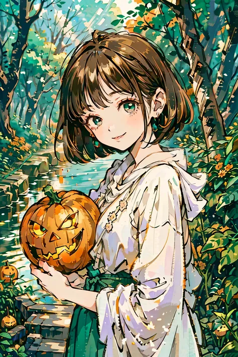 Morning Forest,upper body, Preparing for Halloween,Gentle smile, beautiful woman's cool eyes, laughing at finding a jack-o-lantern, brown hair, Emerald green gentle breeze, The warm light of the sun rising on the paved riverbank , bob cut, hyperrealism, li...
