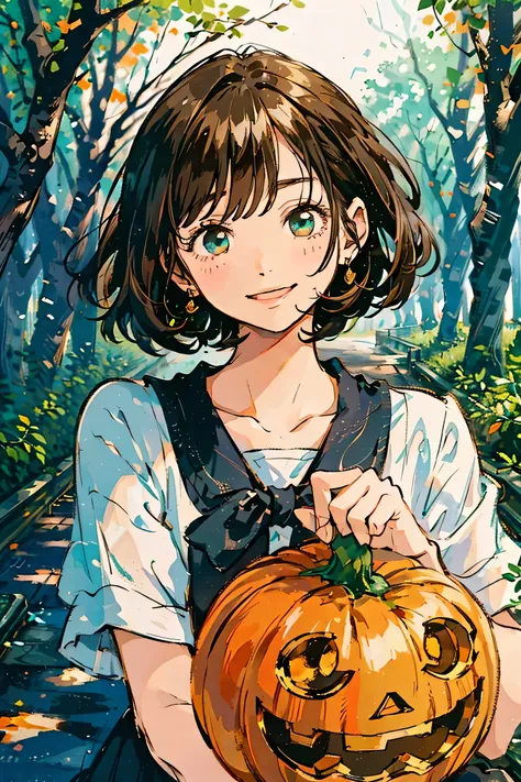 Morning Forest,upper body, Preparing for Halloween,Gentle smile, beautiful woman's cool eyes, laughing at finding a jack-o-lantern, brown hair, Emerald green gentle breeze, The warm light of the sun rising on the paved riverbank , bob cut, hyperrealism, li...